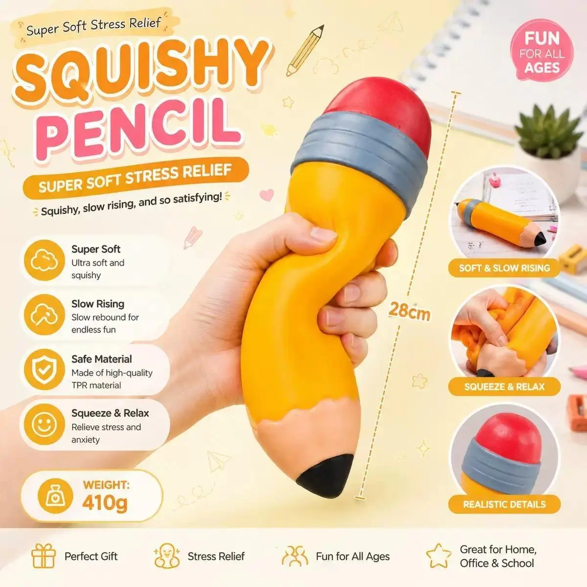 Oversized Pencil Shape Squishy Toy, Unisex Portable Slow-Rising Soft Squeeze Fidget Toy for Daily Stress Relief, Novelty Party Bag Gift (Home & Festive Party Supplies)