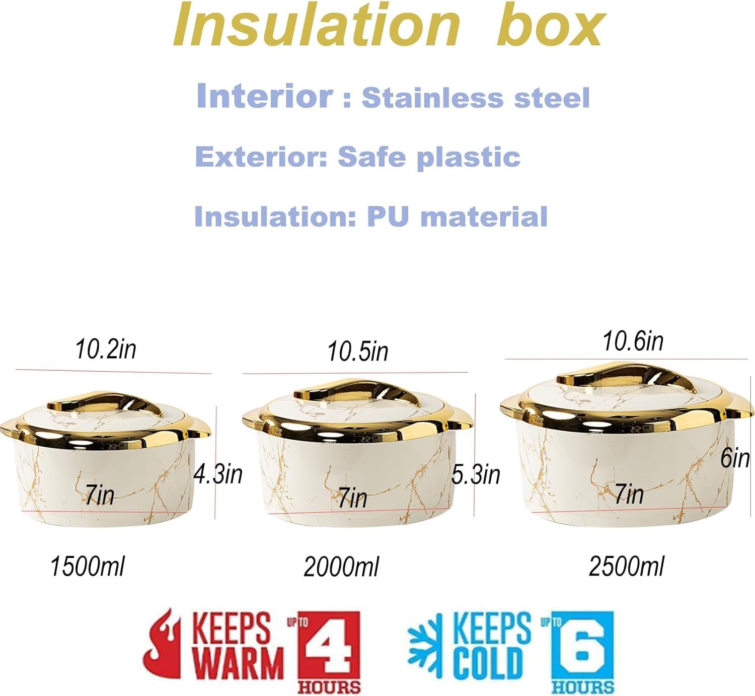 3-piece set of Scandinavian marble pattern insulated pot with gold trim and lid, home dining table thermal food bowl, food preservation box