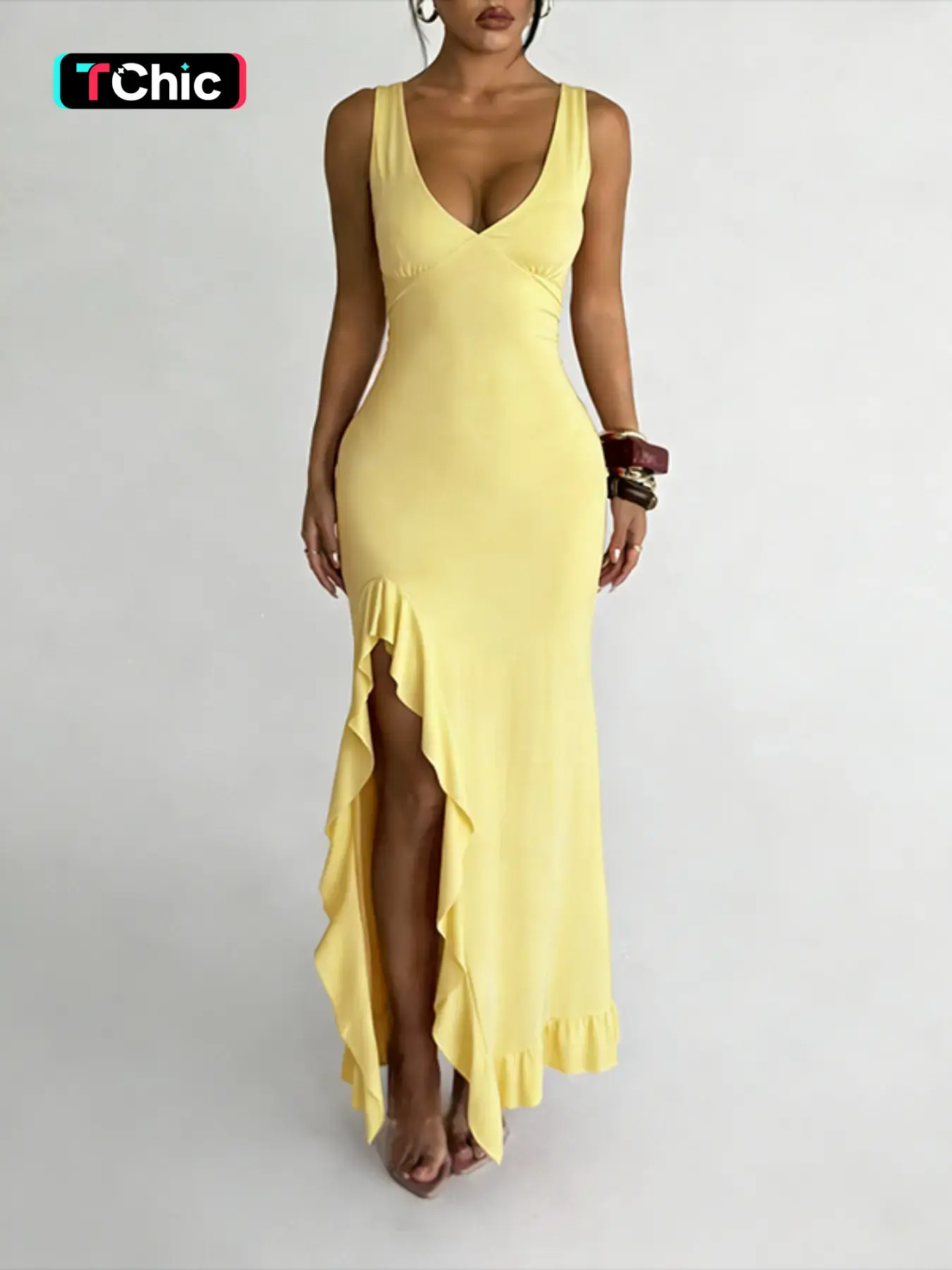 Elegant Casual V-Neck Maxi Dress, Backless Split-Thigh Design, Sleeveless Slim Fit, Perfect for Spring & Summer, All Season Wear, Elegance