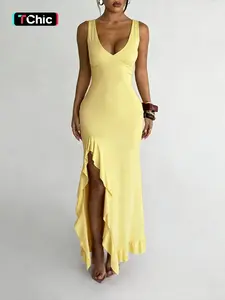 Elegant V-Neck Maxi Dress, Backless Split-Thigh Design, Sleeveless Slim Fit, Perfect for Spring & Summer, All Season Wear
