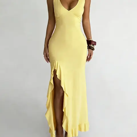 Elegant Casual V-Neck Maxi Dress, Backless Split-Thigh Design, Sleeveless Slim Fit, Perfect for Spring & Summer, All Season Wear, Elegance, Vneck, Plain Sleeveless Dress
