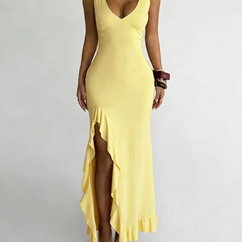 Elegant Casual V-Neck Maxi Dress, Backless Split-Thigh Design, Sleeveless Slim Fit, Perfect for Spring & Summer, All Season Wear, Elegance, Vneck, Plain Sleeveless Dress