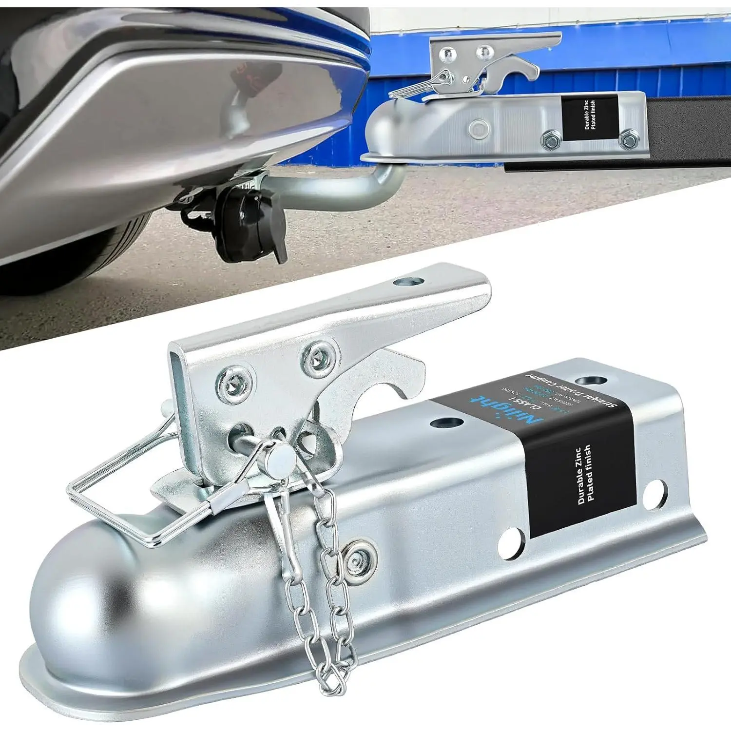 Nilight Heavy Duty Straight Trailer Coupler with Security Latch & Chain, 1-7/8 in Hitch Ball Fit, 2 in Channel, 2000 LBS Capacity, Zinc Finish, Easy Lock System, Bolt&Weld Quickinstall, Double Protection for Universal Trailers, Trucks, Heavydutyuse