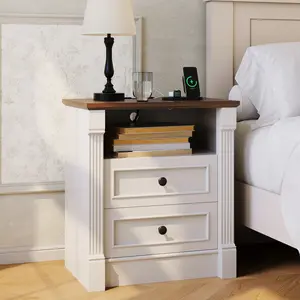 26" Tall Nightstand with Charging Station Set of 2,Bedside Table with 2 Drawers, Farmhouse End Table with Power Outlets and USB Ports for Bedroom and Living Room