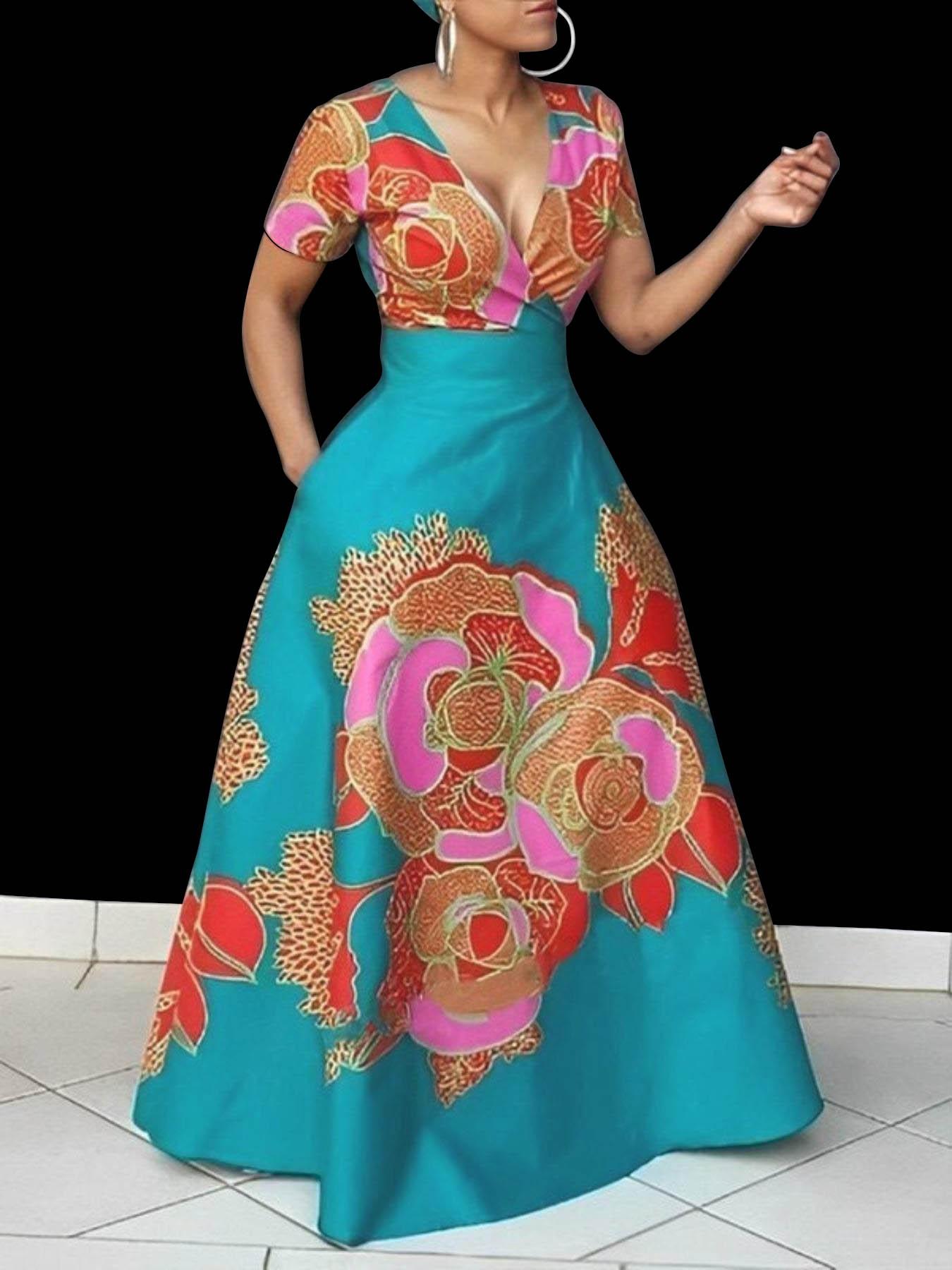 Women's Floral Print Wrap Deep V Neck A Line Dress, Elegant Classy Flattering Short Sleeve Pocket Maxi Dress for Party Holiday Wedding Guest, Ladies Summer Clothes