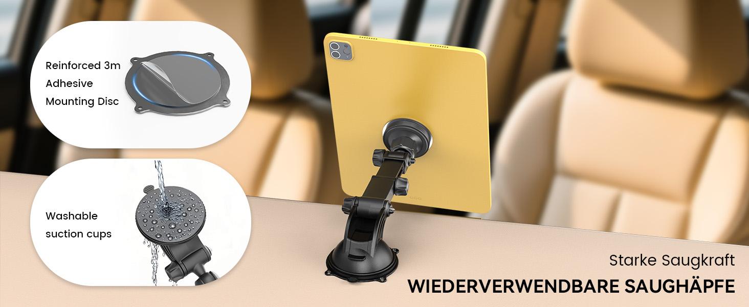 OHLPRO Magnetic Tablet Holder Car, 360° Rotating Car Mount, Telescopic Arm, Washable Suction Cup, Tablet Mounts for Dashboard, Windscreen, Compatible with 5-13 Inch iPad Smartphones