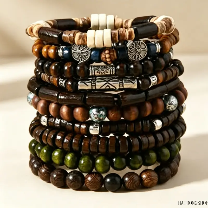 Bohemian Beach Viral Coconut Shell Wood Bead Stretch Bracelet Set For Women, Multi-Layer Natural Stack Wrist Bands, Earth Tone Boho Accessory For Festival Beach Daily Travel Styling,Merry,Christmas,Beaded,Bracelets