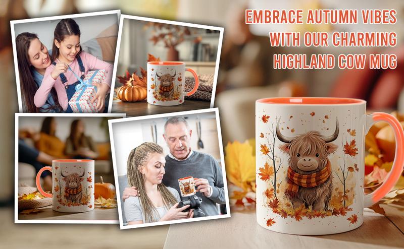 Fall Highland Cow Maple Leaves Coffee Mug - Birthday Gifts For Cow Lovers - Fall Autumn Decor Gifts For Farmhouse Thanksgiving - Highland Cows Gift - 11oz White Ceramic Coffee Tea Mug Drinkware Cup