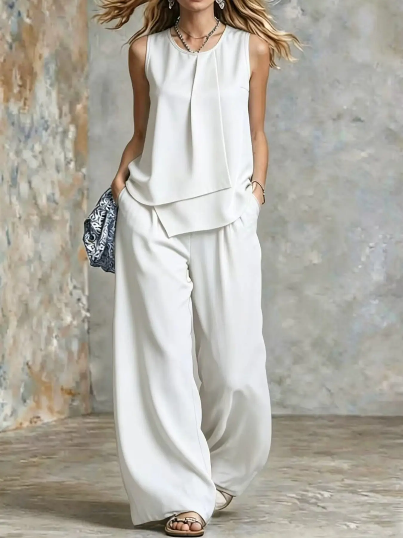 Fashion Women's Casual Elegance Loose Fit Sleeveless Solid Color Two-Layer Top and Wide Leg Pants Set, Stylish for Everyday Wear