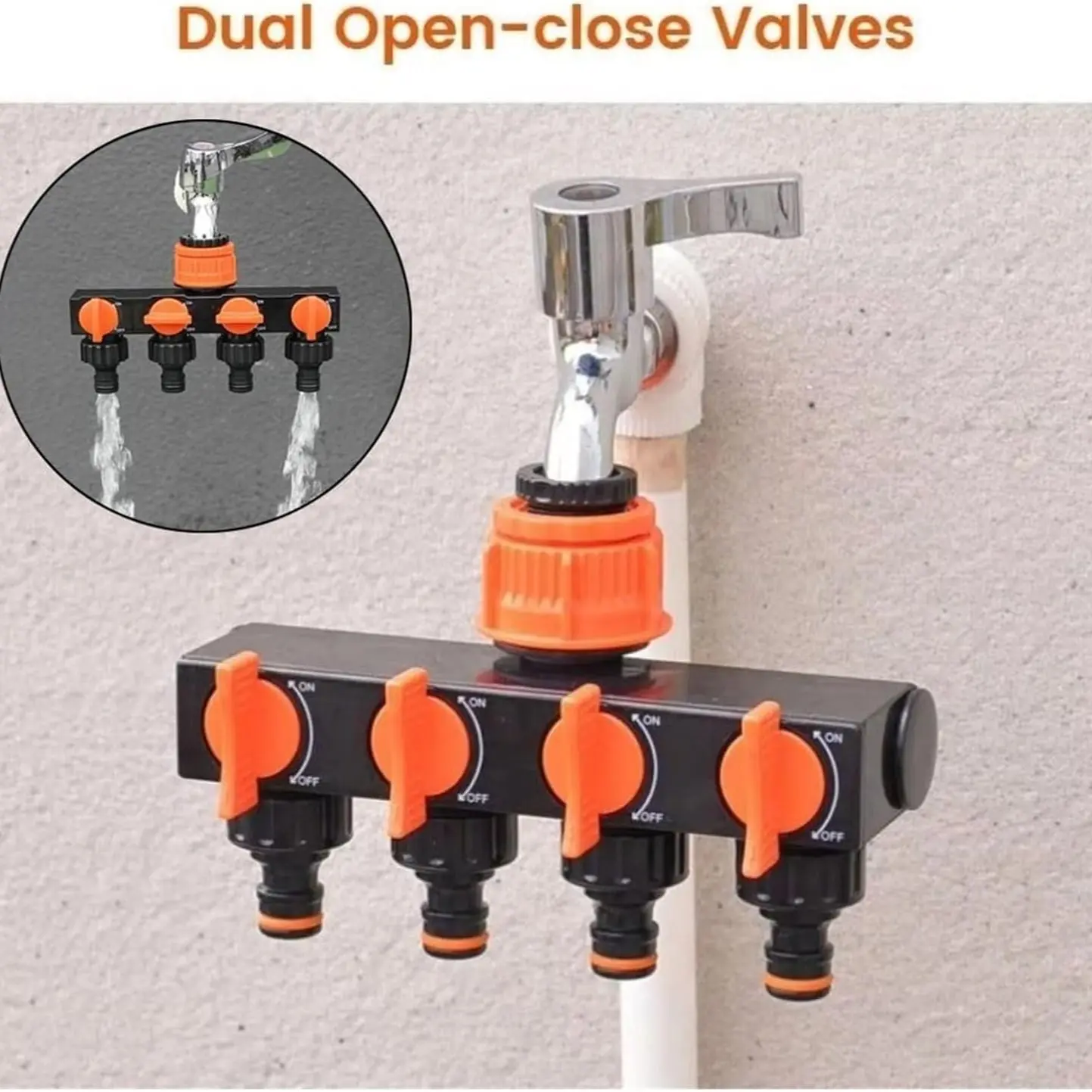 Four-Port Faucet Connector with Switches, Garden Hose Distributor, Outdoor Irrigation System, Garden Hose Adapter, Watering Accessory
