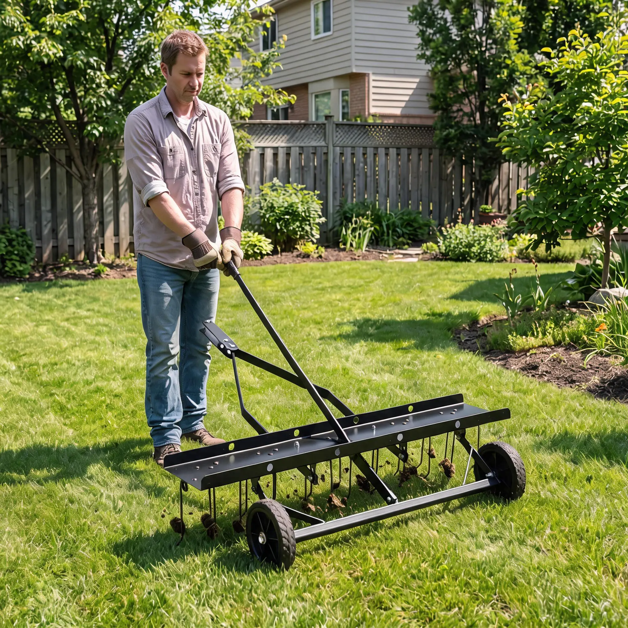 Heavy-Duty 40-Inch Tow-Behind Lawn Dethatcher with 20 Spring Steel Tines – Wheeled Rake for Thatch, Dead Grass & Debris Removal – Compatible with Lawn Tractors, Mowers, ATVs & UTVs