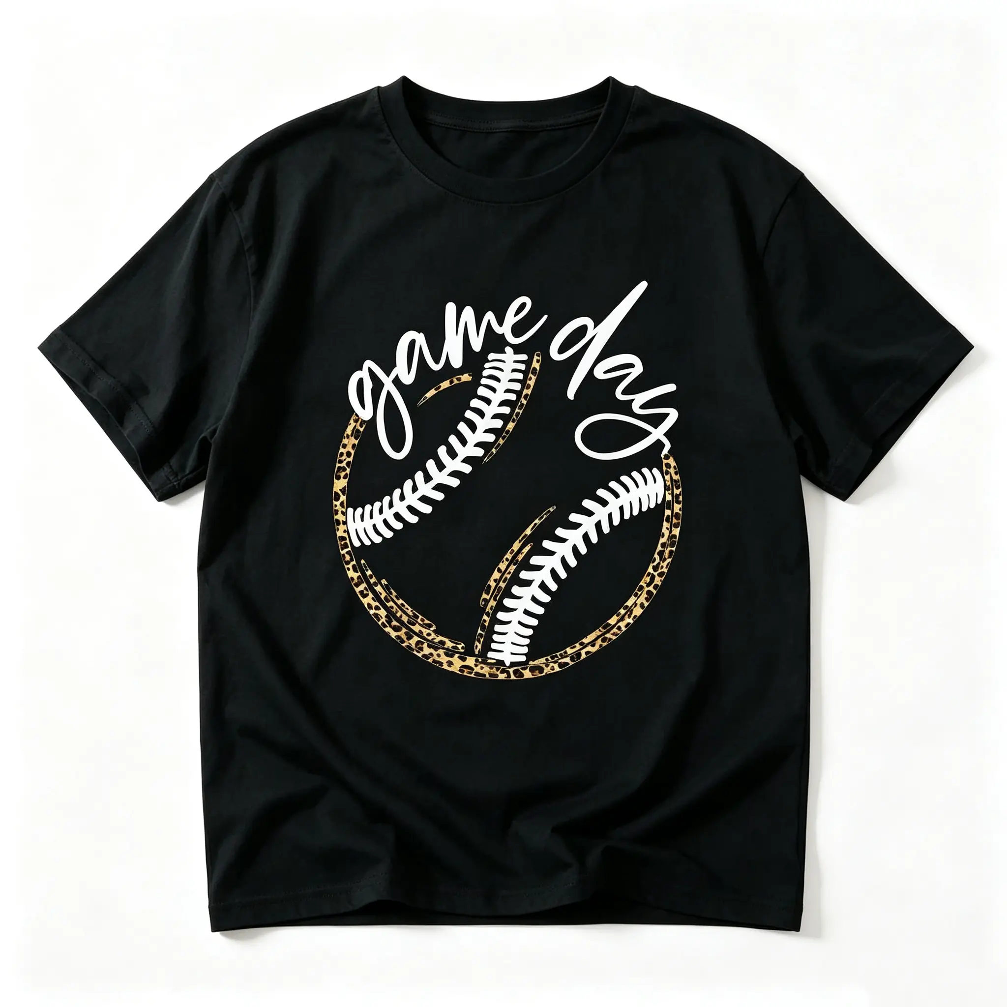 Women's Minimalist Oversized Loose Simple Basic Short-Sleeve Sports Top - Leopard Baseball Graphic, Softball Cursive Slogan, Game Day Casual Outfit, Shortsleeve, Everyday, Print