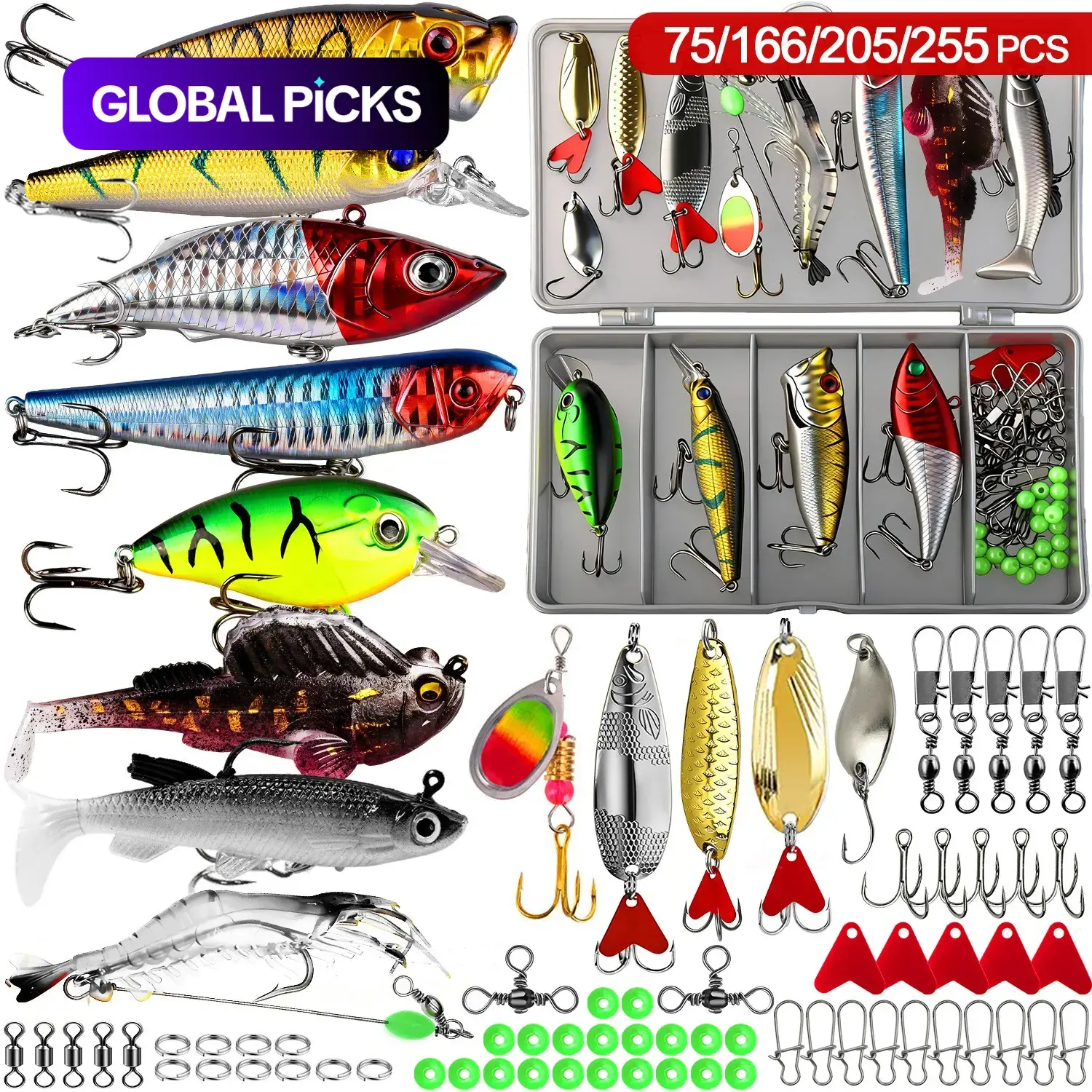 255/205/166/75 pcs Fishing Lures Tackle Box Kit, Fishing Supplies, Fishing Kits, Tackle Set, Saltwater and Freshwater Bass and Trout Accessories with Topwater Lures, Hooks and Spinnerbaits, Gift for Men #GLOBAL PICKS