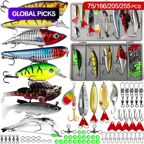 255/205/166/75 pcs Fishing Lures Tackle Box Kit, Fishing Supplies, Fishing Kits, Tackle Set, Saltwater and Freshwater Bass and Trout Accessories with Topwater Lures, Hooks and Spinnerbaits, Gift for Men #GLOBAL PICKS