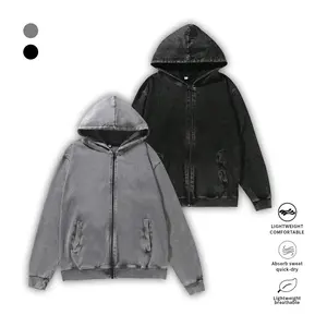2-Piece Set Vintage Washed  Zip Up Hoodie Oversized Distressed Full Zip Hooded Jacket Men Streetwear