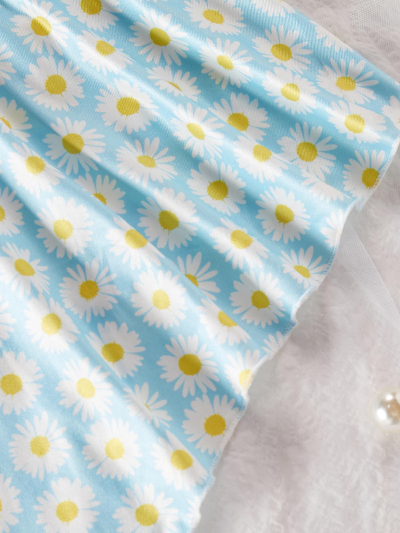 Women's Daisy Print Contrast Lace Sexy Cami Romper, Sexy Cut Out Sheer Lingerie Romper for Indoor, Ladies Summer Clothes, Rompers for Women