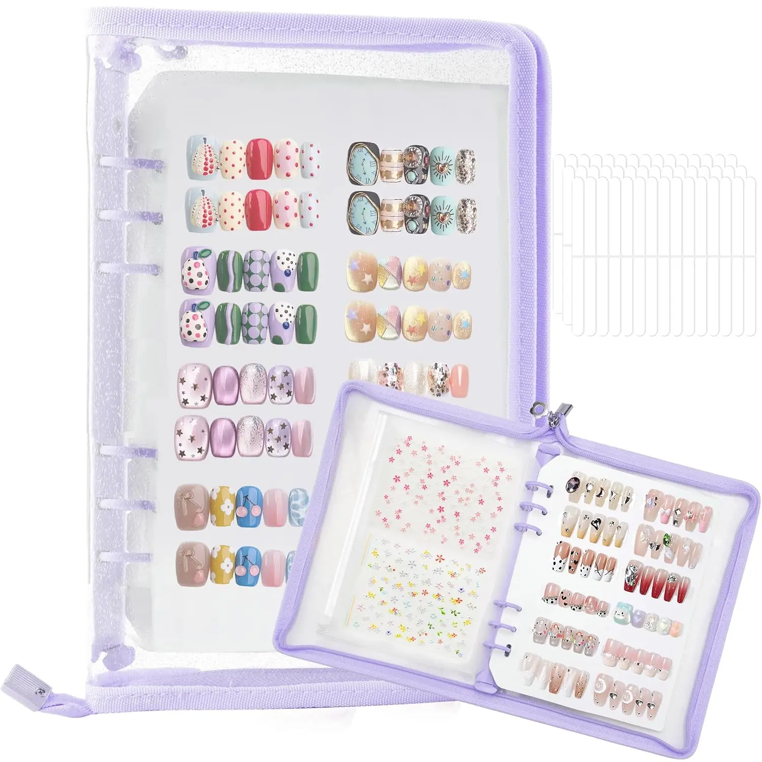 18PCS Press On Nail Organizer Clear Empty Press on Nail Packaging Set with 8 Insert Pages,8 nail double tape and 1 Zipper Pocket for Fake Nail Storage Nail Art Salon (purple)