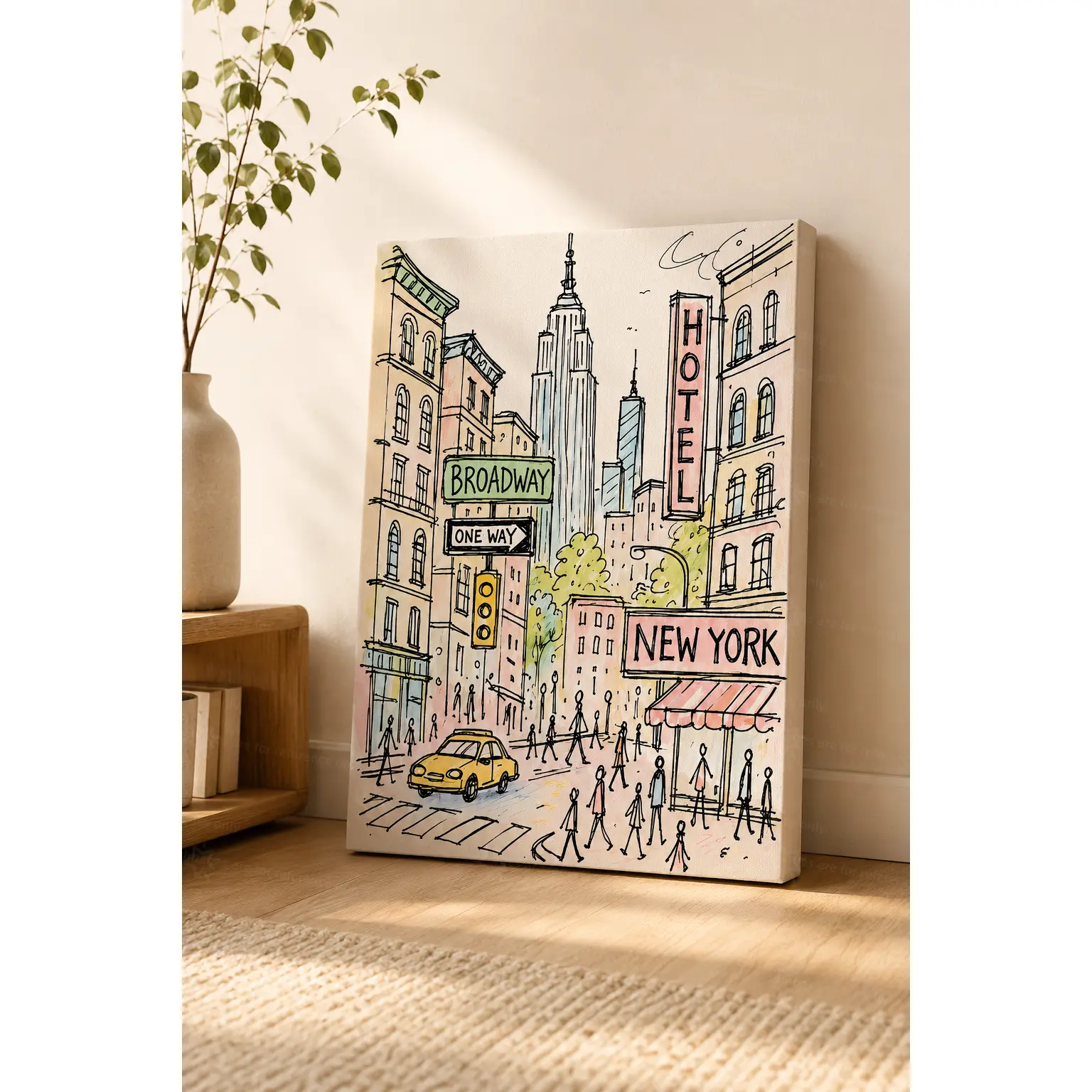 Pastel Sketch New York Broadway City Street Wall Art Canvas Poster, Soft Watercolor Urban Travel Decorative Poster Prints, Living Room Bedroom Minimalist Travel Wall Decor, Available as Unframed Canvas Poster or Framed Canvas Wrap
