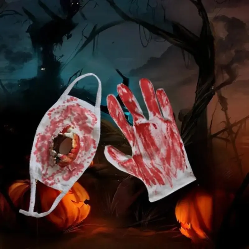 Halloween Vampire Costume Set, Realistic Bloody Fang Mask and Bloodstained Gloves, Horror Prank Props, Party Decor, Trick-Or-Treat Props