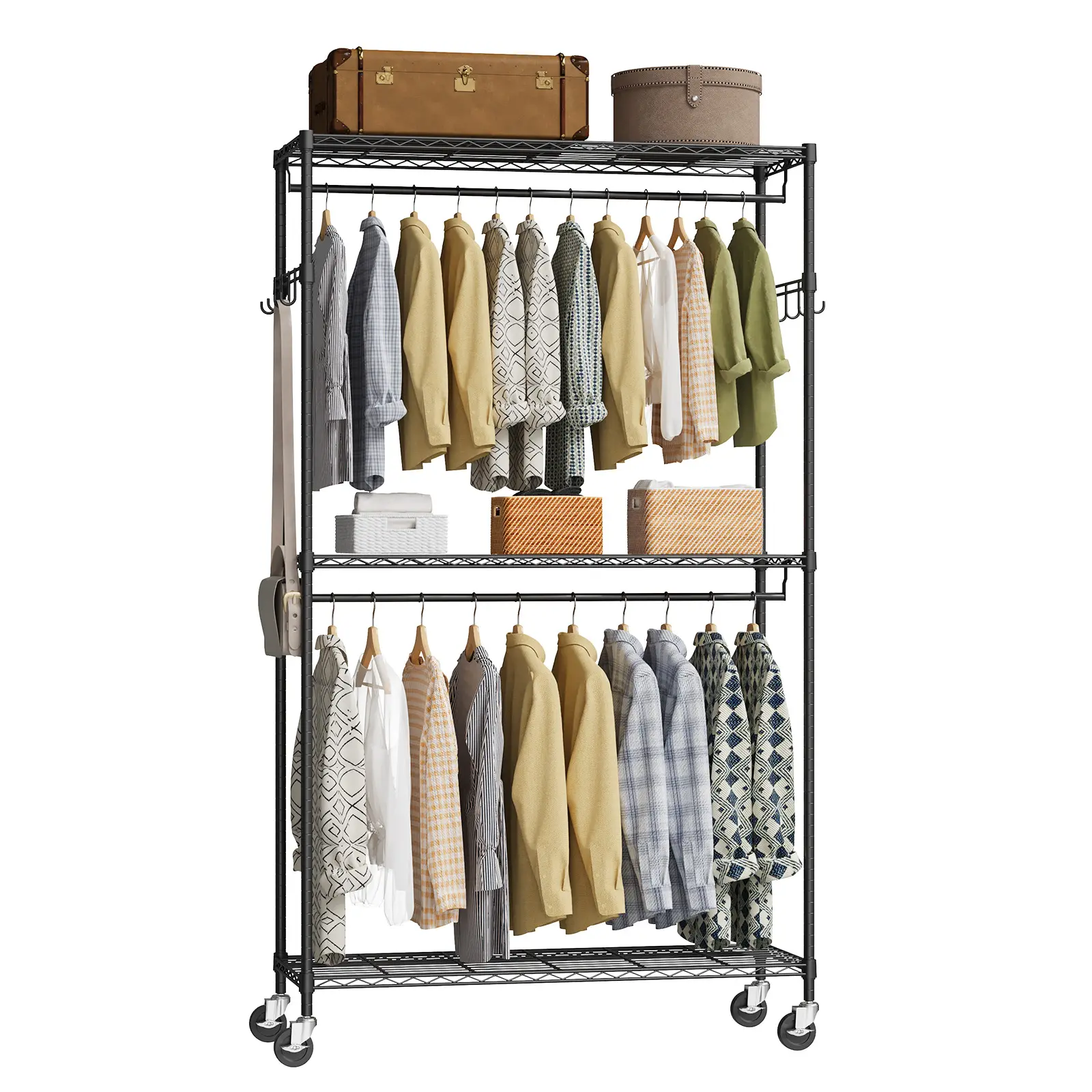 Garvee Heavy Duty Rolling Garment Rack with Wheels, 3-Tier Clothes Rack Organizer for Closet Storage - Sturdy Metal Frame - Space-Saving Multi-Level Design, Closet Organizer, Portable Clothes Rack, Metal Garment Rack, Heavy Duty Clothes Rack