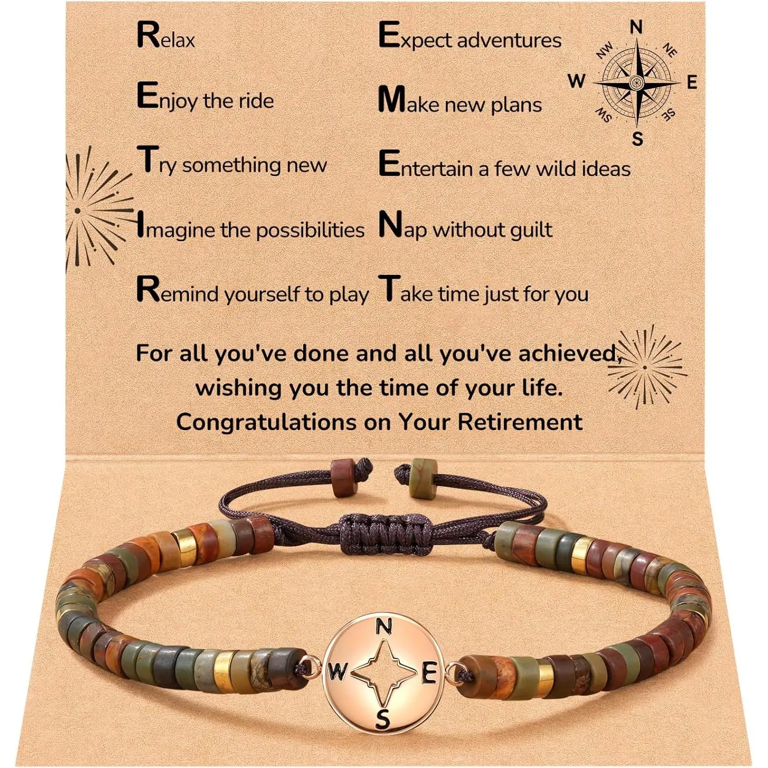 Stone Inspirational Compass Bracelet for Women,  Farewell  Beginnings Gifts for Coworker  Teachers, Employees Goodbye Gifts for Women with Message Card