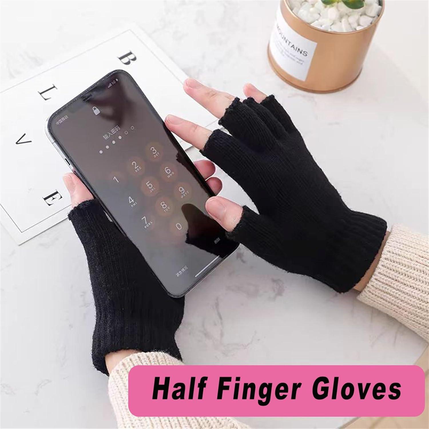 3-Pair Winter Fingerless Gloves for Women, Men & Teens, Black Knit Half Finger Touchscreen Gloves, Warm Stretchy for Writing, Working & Driving