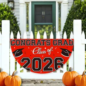 2026 Graduation Party Backdrop Congrats Grad Banner Semicircle Fence Flag in Red Large Class of 2026 Decorations Photography Grad Party Bunting Flag gift