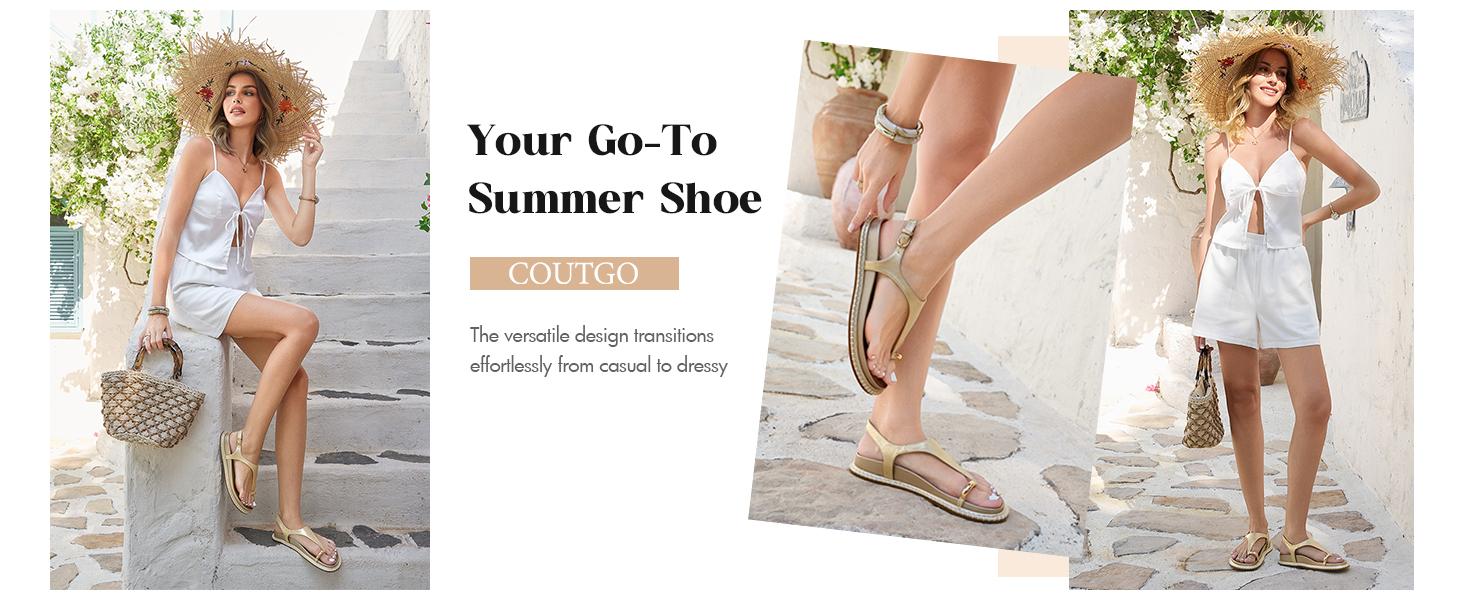 Coutgo Women's Toe Ring Flat Sandals Comfortable Flip Flops T Strap Footbed Sandals Ankle Strap Summer Beach Shoes