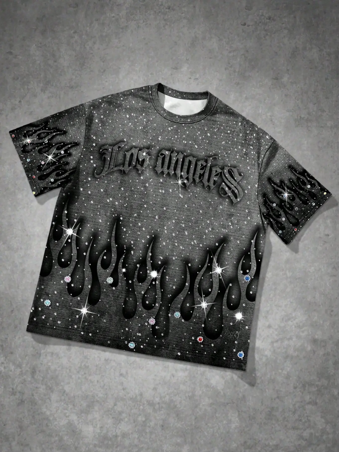Men's Fashion Streetwear Casual Sporty T-Shirt, Creative Los Angeles Diamond Starburst Flame Print, Versatile Long Sleeve Top for All Seasons