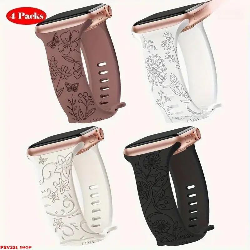 4-Pack Stylish Floral Pattern Silicone Apple Watch Bands, Sport Strap Accessories for 38-49mm Series 1-11 SE Ultra, Tech Accessories Slim Soft Floral Engraved Wrist Band, Aesthetic Replacement Band for Women Girls
