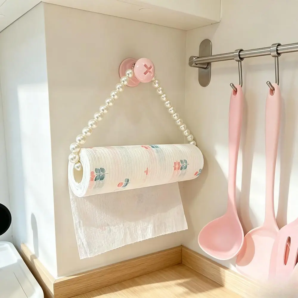Pink No-Drill Pearl Chain Bag Charm - Adhesive Wall-Mount Toilet Paper Holder, Bathroom Tissue Storage Rack, Cute Girly Gift, Bathroom Accessories, Toilet Organizer
