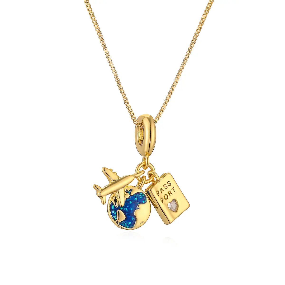 Whimsical Camera & Passport Pendant Necklace for Women, Gold Plated Copper Base with Zircon Accent, Instagram Style Jewelry, 45 + 5Cm Chain, American, Includes Pendant, Travel Gifts, Passport Design, Camera Motif, 1 Necklace, 1 Pendant