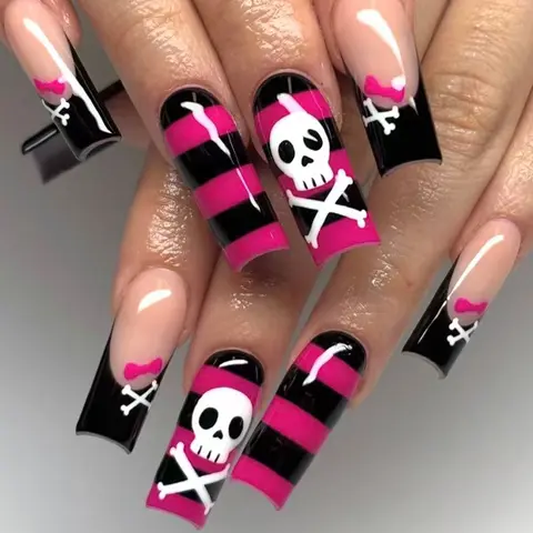 24pcs Halloween Fake Nails, Press on Nails, Decorative Nails with Bloody French and Ghost Designs, Medium Square Shape, False Nails for Women Girls