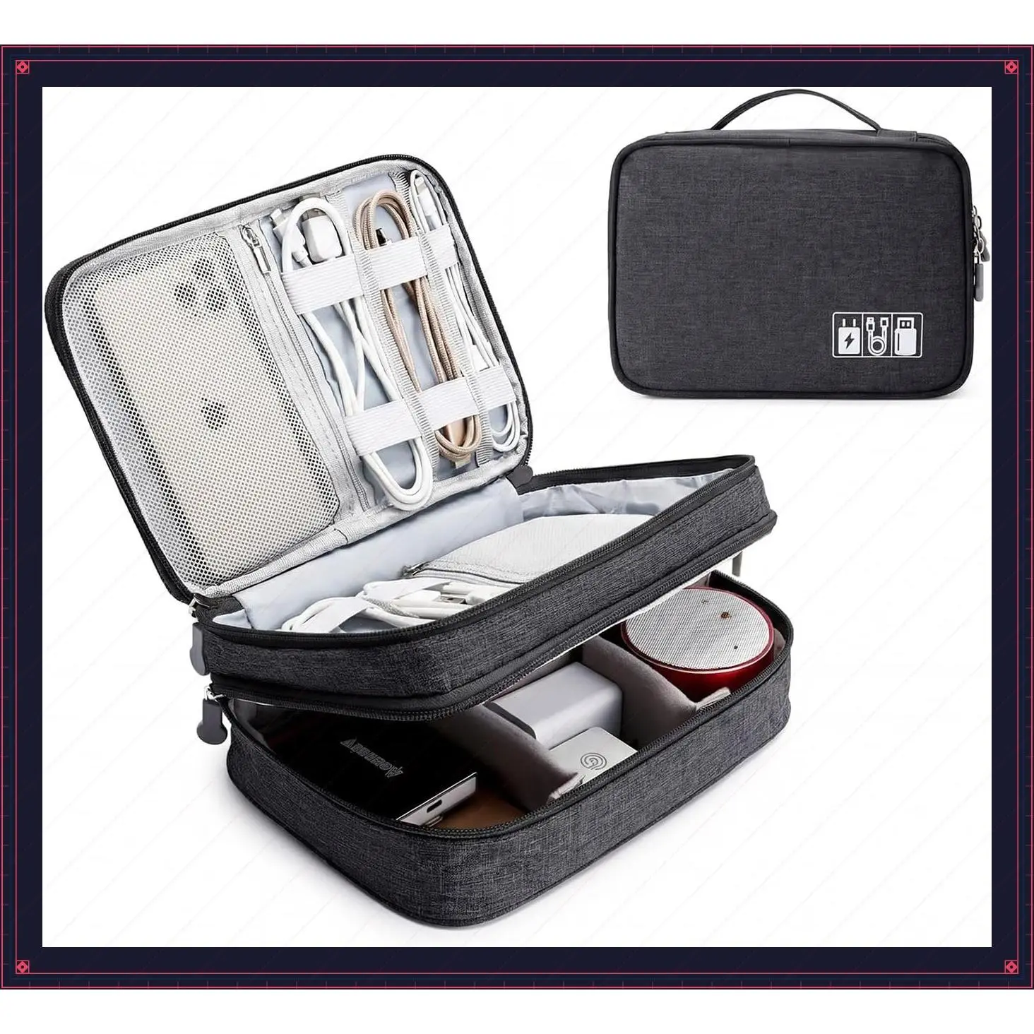 Portable Double Layer Travel Electronic Organizer Case for Cables, Chargers, Cords, Flash Drives, Phone, SD Cards & Personal Items - BlackGift