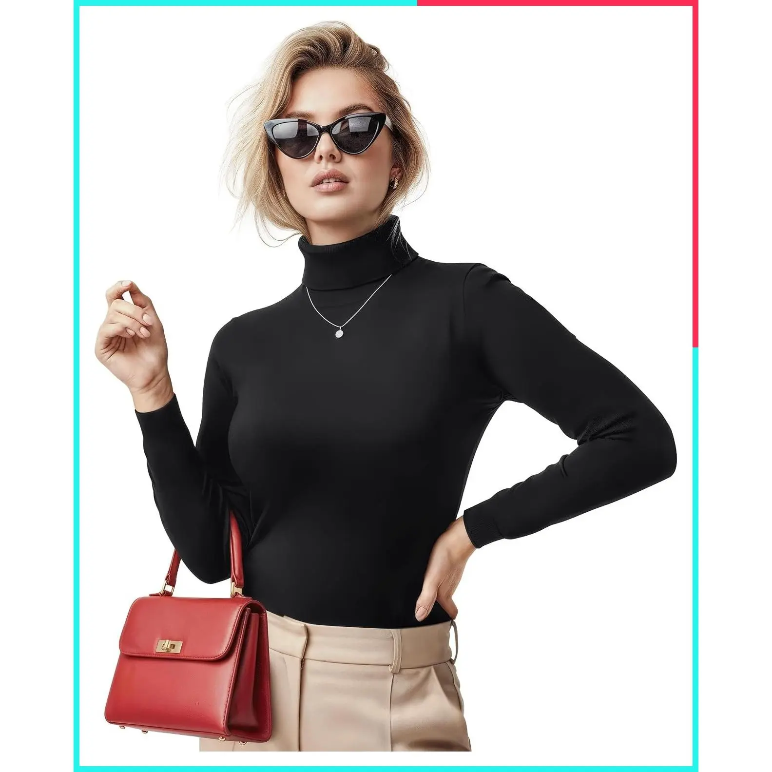 Women's Soft Stretch Cotton Blend Turtleneck Top - Slim Fit Lightweight Long Sleeve Base Layer