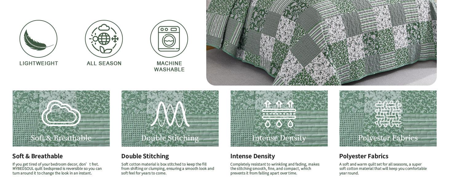 Green Set Twin Size, 2 Pieces Floral Bedspread Set Patchwork Reversible Bedding Set Microfiber Lightweight Bedspread Coverlet Set for All Season 68"x86"