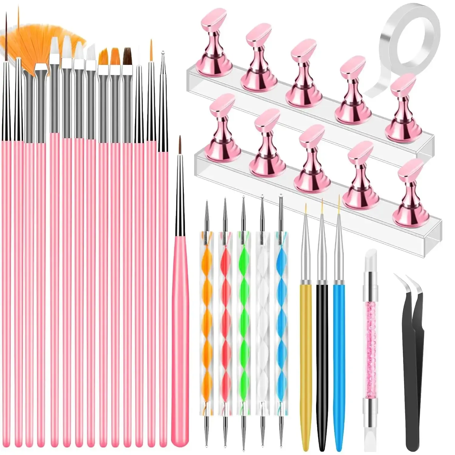 Pink Nail Art Tool Kit, Nail Stand Holder for Press‑On Nails Painting & Display, Includes Nail Art Brushes, Liner Brushes, Dotting Tools, Manicure Supplies for Nail Techs & DIY Beginners