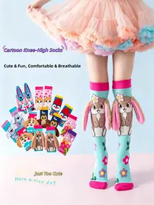 New Kids' Socks Set with 3D Cartoon Ears, Cute Animal Pattern, Slim-Fitting Over-Knee Long Socks, All Seasons Wear