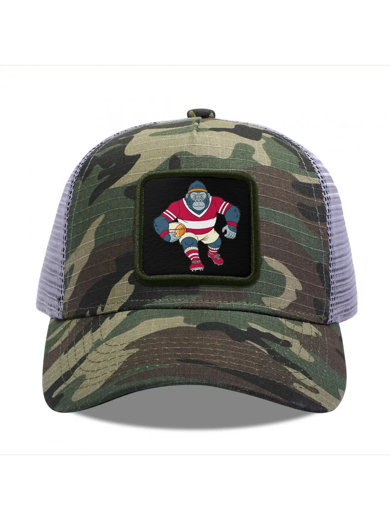 Gorilla playing rugby 1 Camouflage Mesh Baseball Cap for Men & Women - Adjustable Snapback Trucker Hat, Breathable Back for Hiking, Fishing, Camping, Golf & Casual Outdoor Attire Camouflage Random