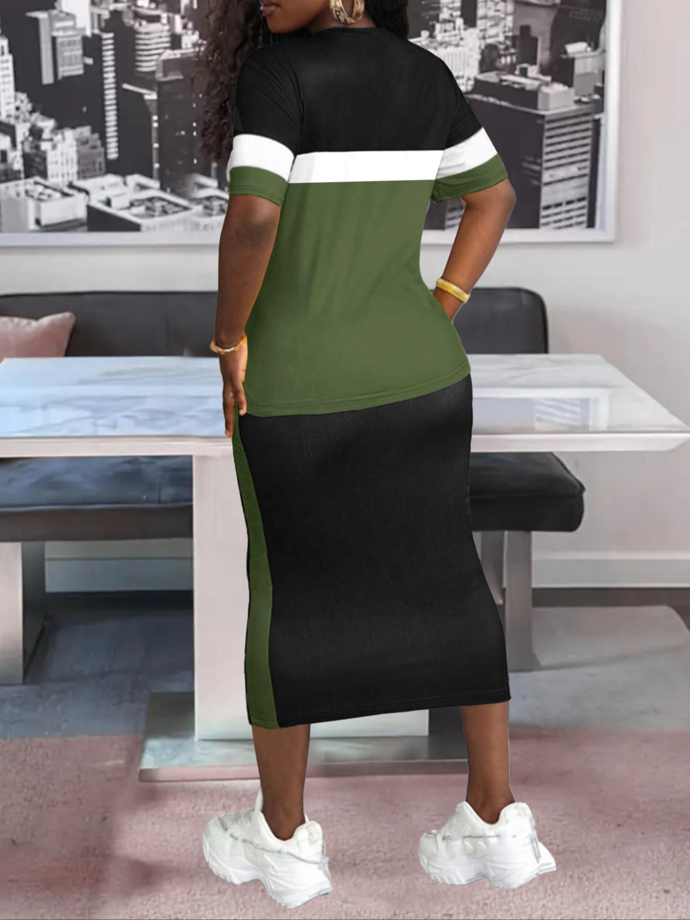 Women's Colorblock Print Two-piece Set, Casual Fashion Cozy Round Neck Tee & Skirt for Daily Outdoor Wear, Women Clothing for Spring Fall, Casual Matching Set