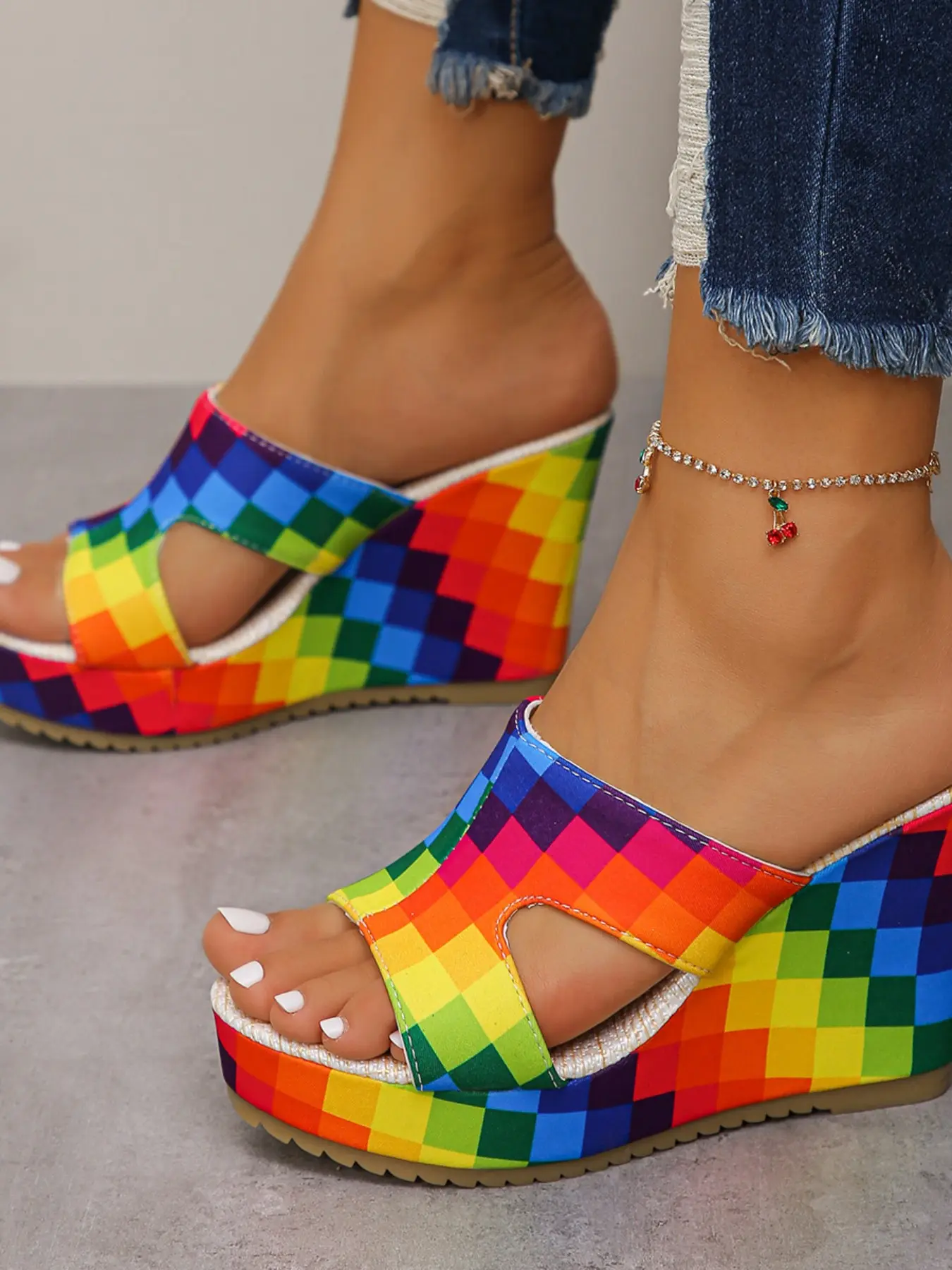 American Retro Rainbow Wedge Sandals, Colorblock Plaid Design, Straw Sole, Summer Versatile Casual Women's Shoes, Comfortable and Stylish