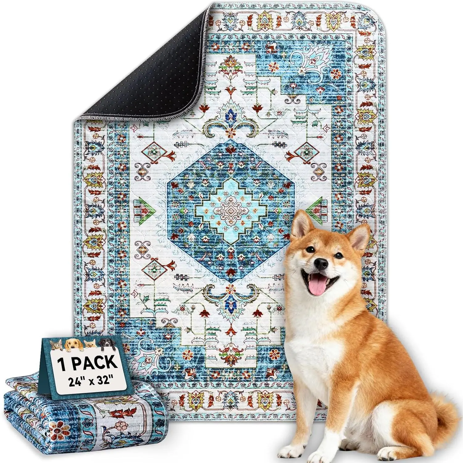 Washable Pee Pads for Dogs, Stylish Absorbent    Pads, Non-Slip and Leak-Proof Puppy Pads, Potty Pads for Crates, Whelping, Playpen, Bed and Floors (Blue Medallion, 24" x 32" 1PACK)