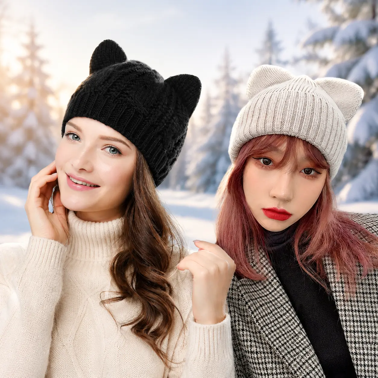 2 Pcs Womens Cute Cat Ear Crochet Knit Cap Soft Warm Braided Winter Hat for Cold Weather Daily Fashion and Travel tiktokshopbacktoschool