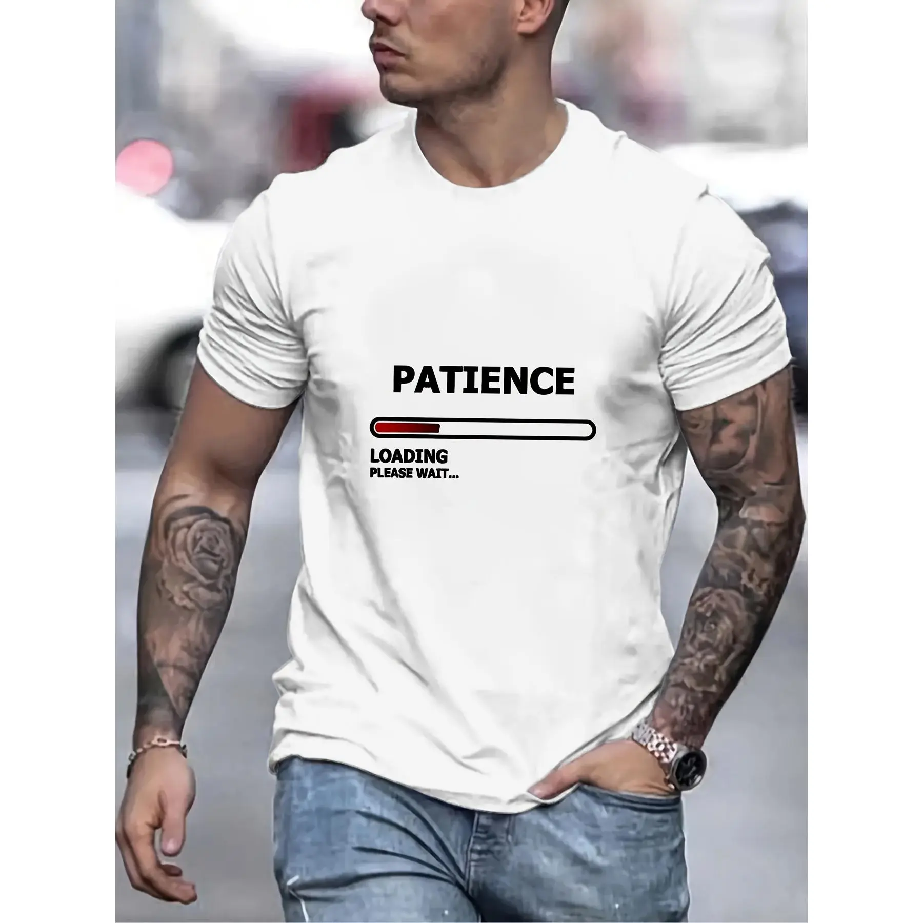 Patience Loading Print T Shirt, Tees For Men, Casual Short Sleeve T-shirt For Summer