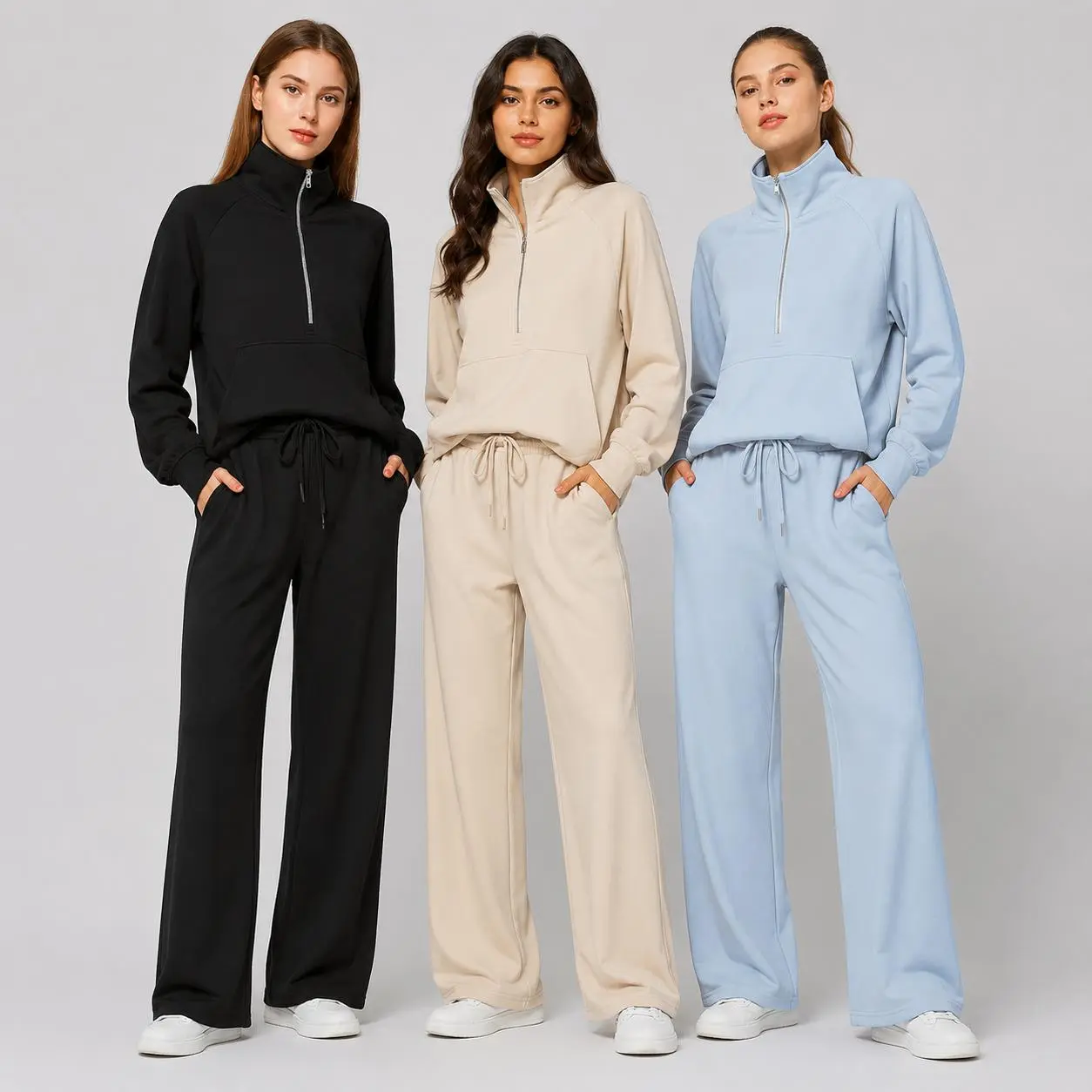Womens Lightweight Two Piece Sweatsuit Plus Size Half Zip Pullover Sweatshirt and Loose Wide Leg Drawstring Pants Casual Lounge Matching Set for Daily Travel