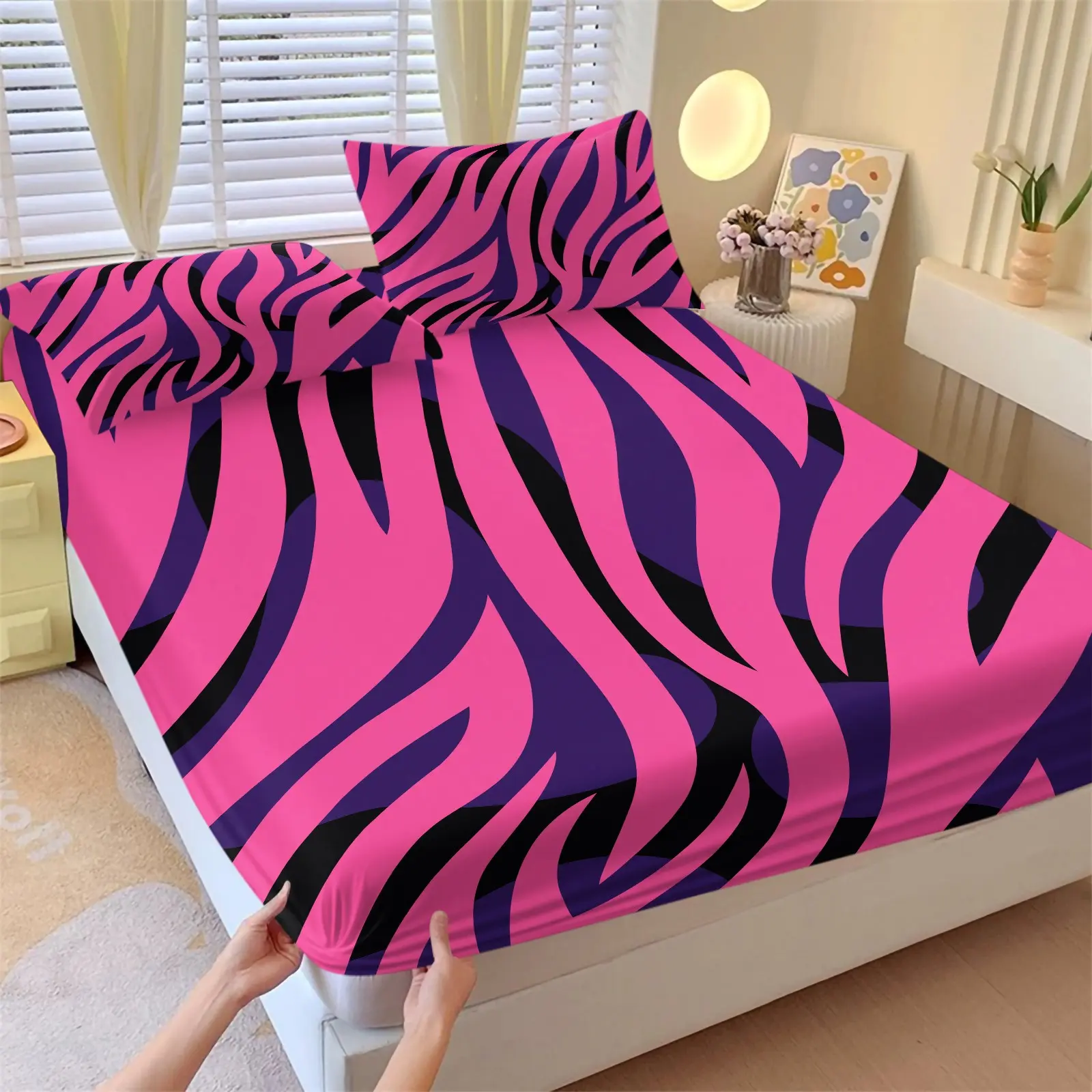 3Pcs Zebra Print Fitted Sheet Set, Soft Microfiber Deep Pocket Non-Slip Bed Sheet with 2 Pillowcases, Cool Aesthetic Bedding Set for Bedroom Decor, Multiple Colors Available, Home Bedding Set