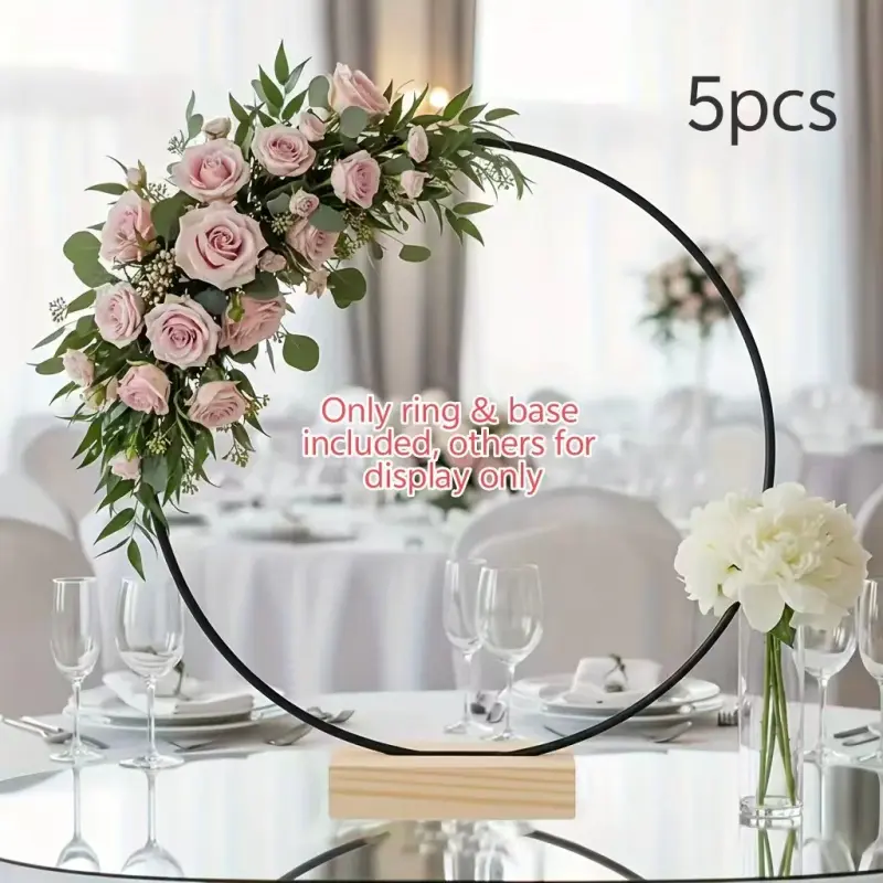 Set of 5 Black Circular Metal Ring Holder With Support Base, DIY Floral Craft Rack, Space Saving Table Layout, For Birthday Festival Event Centerpiece Decor Kit