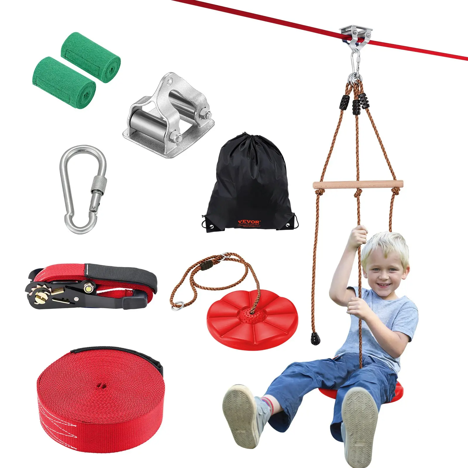 【DealsForYouDays】VEVOR Zipline Kit for Kids and Adult, 65 ft Zip Line Kits Up to 500 lb, Backyard Outdoor Quick Setup Zipline, Playground Entertainment with Zipline, Nylon Safety Harness, Seat, and Handlebar
