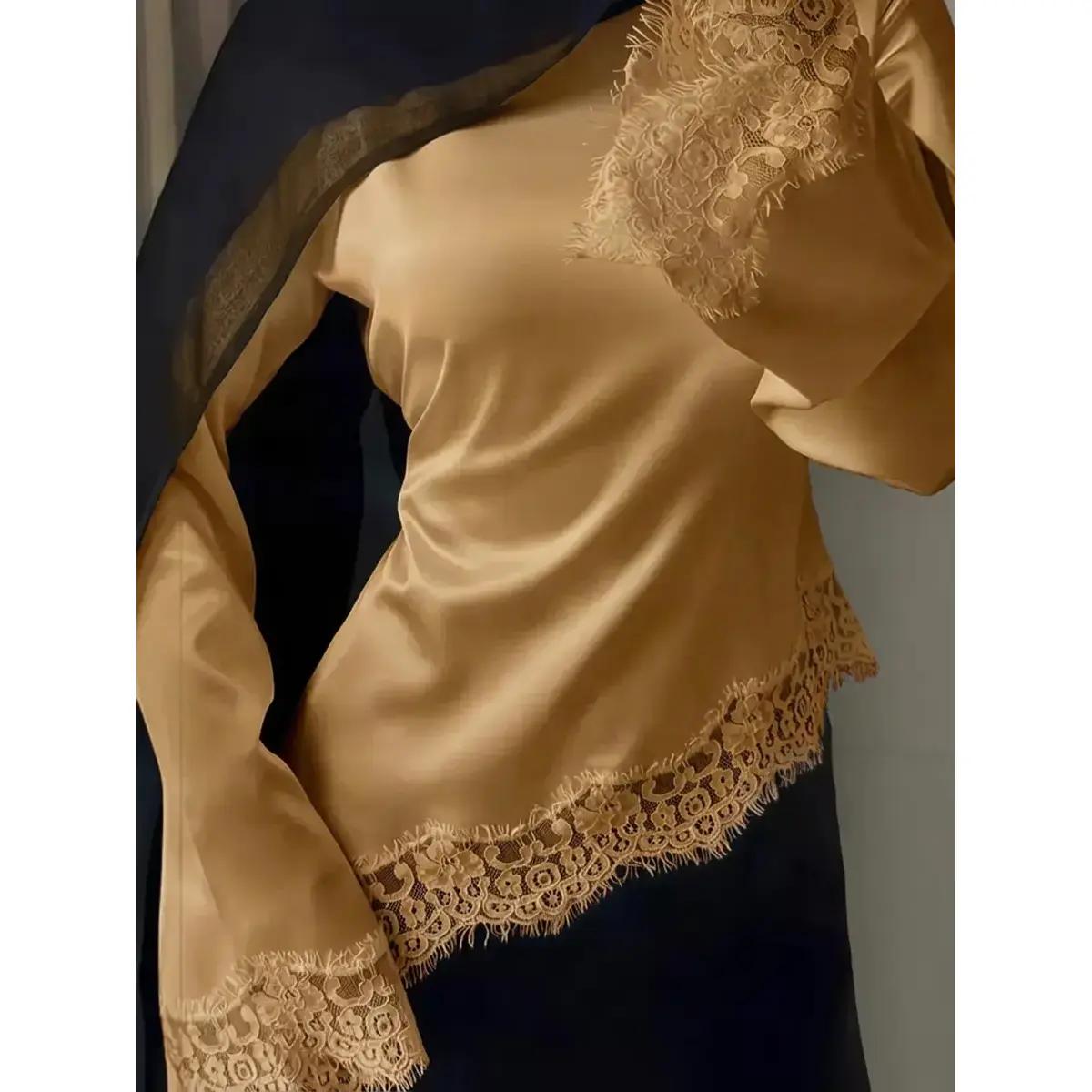 Lace trimmed satin lace up shirt