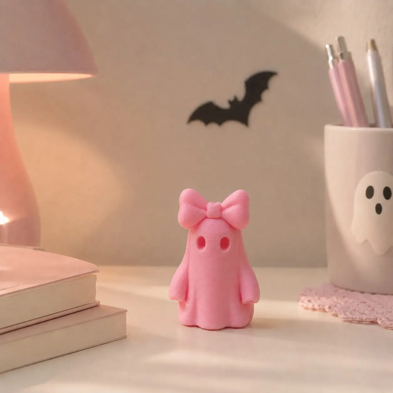 1PC Cute Pink Halloween Ghost Figurine with Bow, Kawaii Mini Ghost Statue, Desktop Decor for Home Office Bedroom, Unique Halloween Gift for Friends